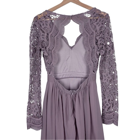 LULUS AWAKEN MY LOVE DUSTY LAVENDER LACE LONG SLEEVE CHIFFON MAXI DRESS - Picture 7 of 14